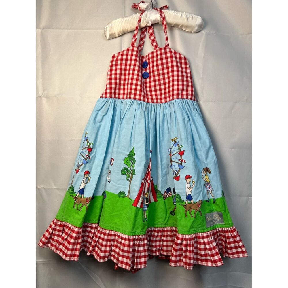 Eleanor Rose circus print red and white gingham halter smocked dress vintage - Picture 3 of 12